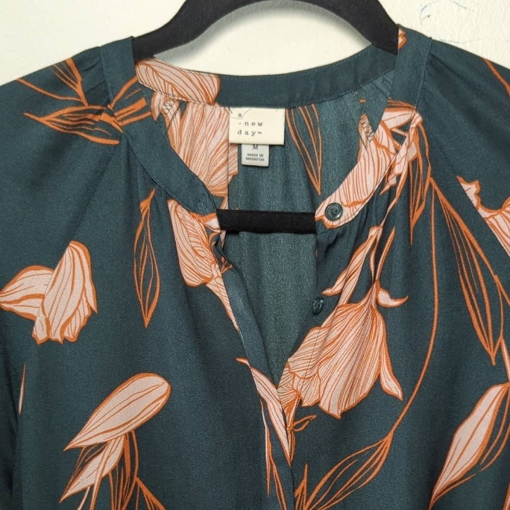 A New Day Floral Midi Dress Blue White Orange Long-Sleeve Women's Size M - Picture 3 of 5